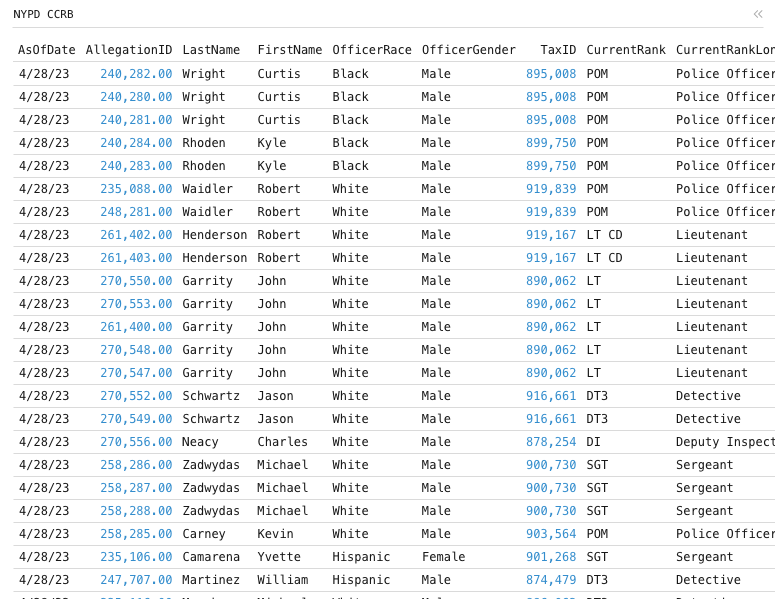 NYPD CCRB: Data grid.